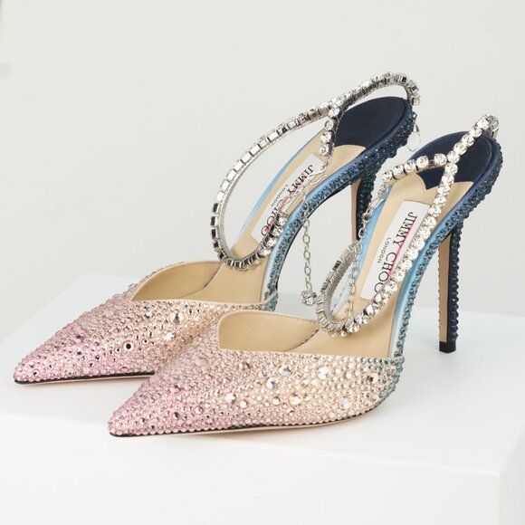Jimmy Choo Saeda 100 Crystal-Embellished Satin Pumps, Sunrise Mix, EU 38.5/US8.5 - Picture 3 of 15